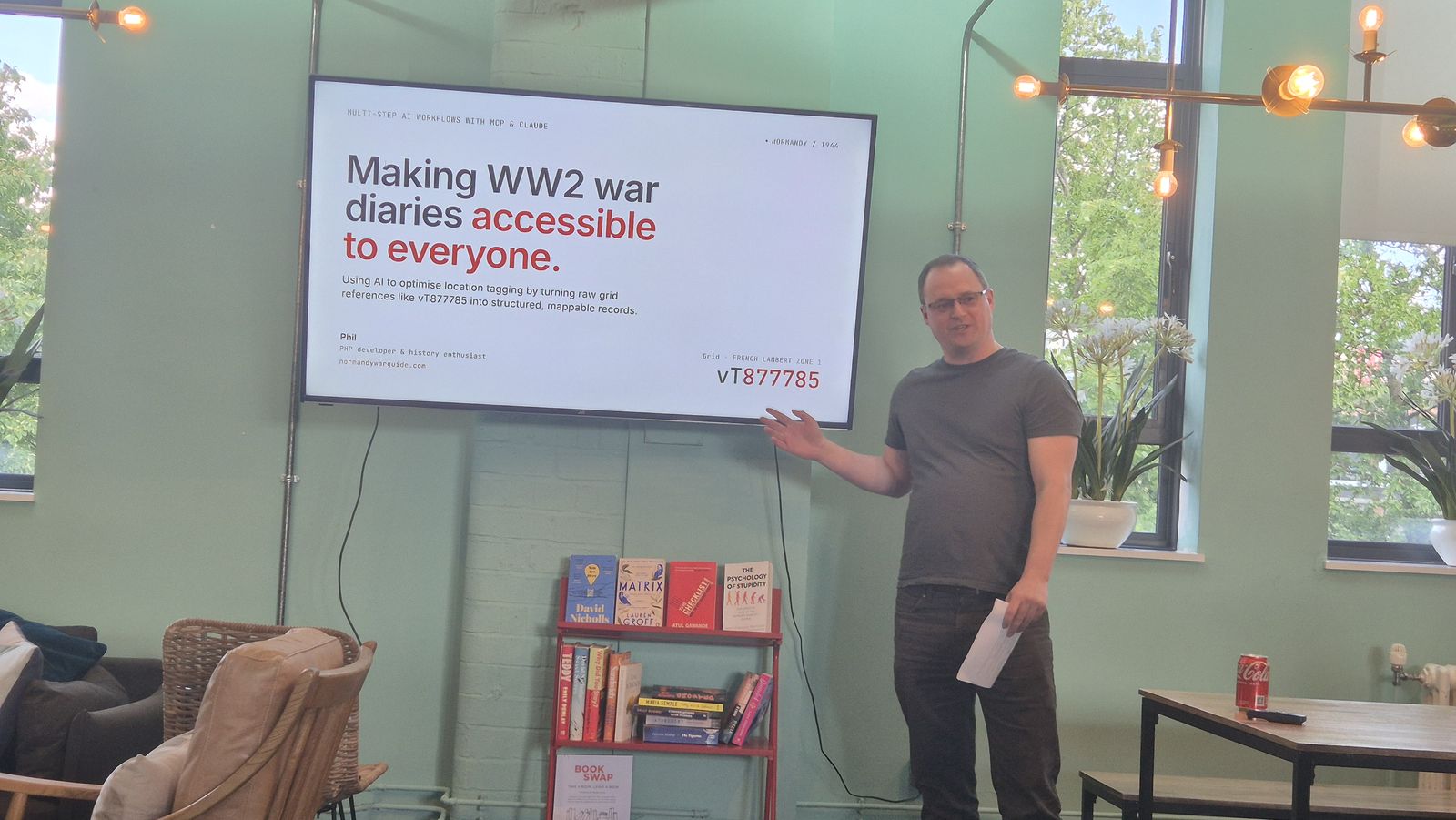 Phil Mobbs presenting “Making WW2 war diaries accessible to everyone” at PHPSW, May 2026